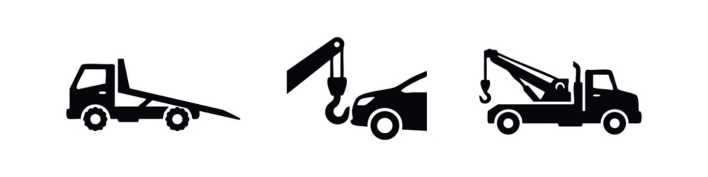Three black icons depicting tow trucks and car recovery.