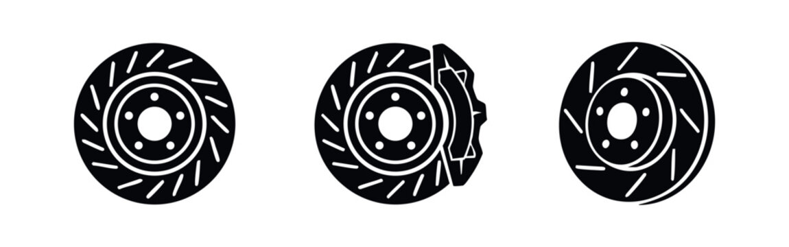 Three black icons of car brake discs and calipers.
