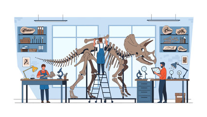 Paleontology Laboratory: Paleontologists meticulously assemble a dinosaur skeleton in a brightly lit laboratory, surrounded by fossils, microscopes, and scientific equipment. © Abdul