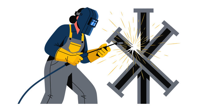 Skilled Welder at Work: A woman in protective gear meticulously welds metal components, sparks flying from her torch, highlighting the precision and dedication required in industrial craftsmanship.