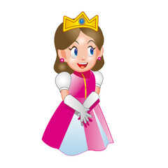 A cartoon illustration of a smiling princess with brown hair, wearing a pink and white dress, a golden crown, and white gloves.