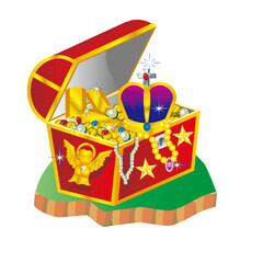 A vibrant cartoon illustration of an open red treasure chest overflowing with gold, jewels, pearls, and a royal crown, sitting on a green mound. © yeri
