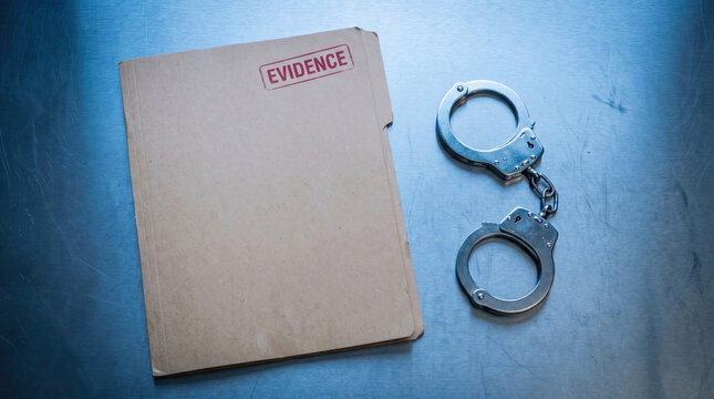 Official evidence file folder and handcuffs on metal