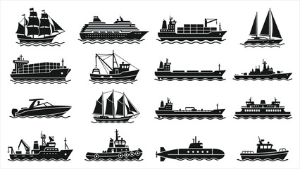 Fototapeta premium Comprehensive Vector Collection of Marine Vessels, Ocean Liners, and Sailboat Silhouettes