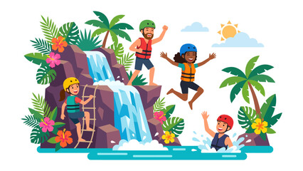 Tropical Adventure: A group of friends embarks on an exhilarating adventure, sliding down a waterfall and splashing into a refreshing pool, surrounded by lush palm trees and vibrant tropical flowers. © Md