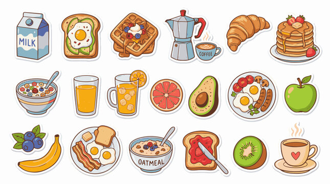 Cute breakfast sticker pack vector collection with cartoon food illustrations of waffles pancakes coffee eggs bacon milk and fresh fruits