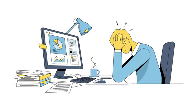 Frustrated person overwhelmed with work tasks and data analysis on a busy desk with computer and documents depicting stress and burnout from corporate pressure and demanding deadlines