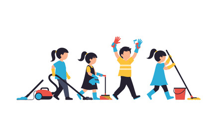 Fototapeta premium Group of industrious young children using various cleaning tools like vacuum broom and mop to tidy up their environment.