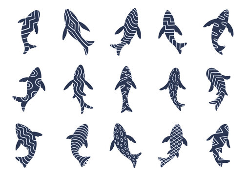 Abstract fish with patterns icons compilation set.  Vector art simple illustration icon set for web, t-shirt design, other graphic design use
