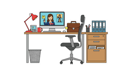 Naklejka premium Detailed illustration of an organized home office desk set up for professional video conferencing with a laptop monitor and files.
