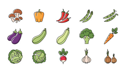Fototapeta premium Comprehensive set of flat color icons featuring different fresh vegetables like peppers broccoli carrots and onions for healthy eating.
