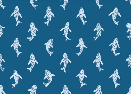 Abstract blue fish with patterns seamless pattern background.  Vector illustration art backdrop