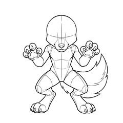 Fototapeta premium Hand drawn ink line art of chibi male canine anthropomorphic furry base crouching pose front view.