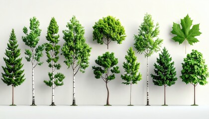 Fototapeta premium Collection of diverse green trees and a single leaf against white