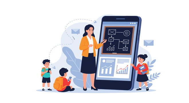 Innovative female teacher uses a large smartphone screen to explain complex charts and diagrams to a group of attentive young school children.