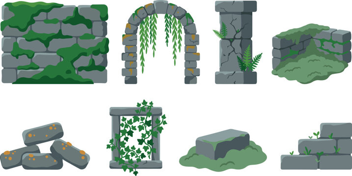 Overgrown Ancient Ruins Vector Collection Featuring Mossy Stone Walls, Ivy Covered Arches, Broken Columns, and Forgotten Jungle Architecture