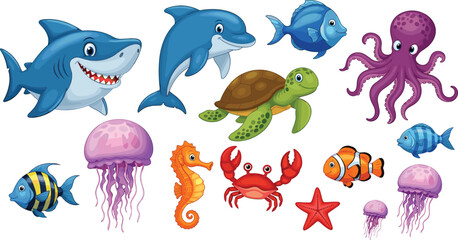 Cute Sea Animals Vector Bundle Featuring Shark Dolphin Octopus Turtle and Colorful Tropical Fish Characters for Children and Educational Graphic Design © Ismail