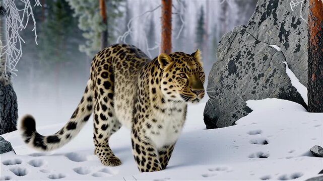 Endangered amur leopard walking on a mossy log in the deep siberian forest winter habitat