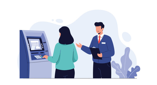 Professional bank employee assisting a customer with an automated teller machine transaction in a modern bank setting.