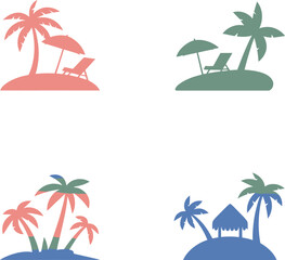 Fototapeta premium Colorful illustration of various tropical island scenes with palm trees and beach furniture vacation and travel concept