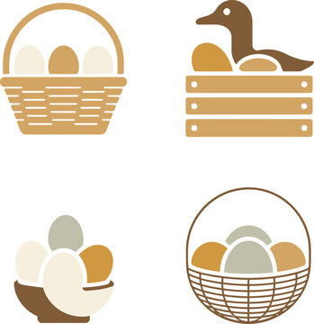 Easter eggs in baskets and a duck on a wooden crate with eggs on white background  farm fresh food