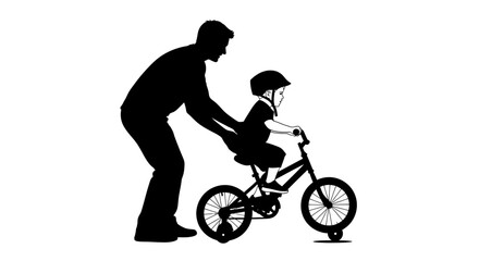 Obraz premium Father's Day Silhouette of father teaching child to ride bike, learning cycling, kids activity, family fun, black illustration Vector