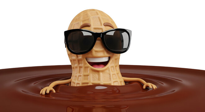 Smiling peanut character wearing sunglasses in chocolate pool isolated on transparent background