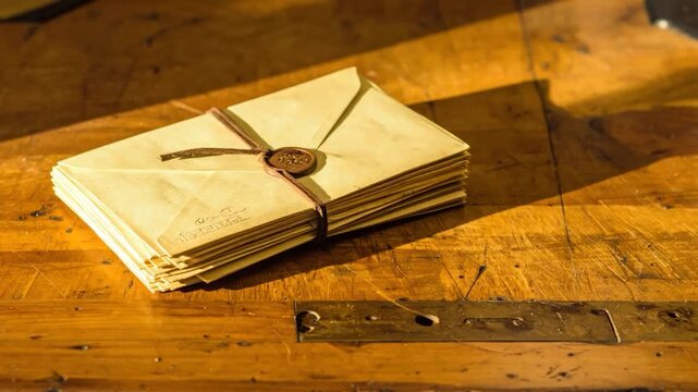 Stack of old yellowed envelopes tied with twine and sealed with wax on a wooden table