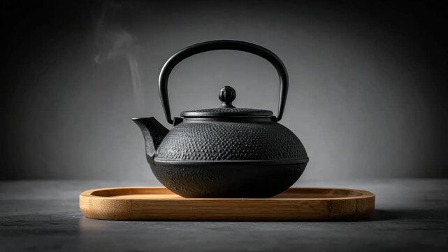 Steaming cast iron teapot on a wooden tray against a dark textured background with dramatic lighting