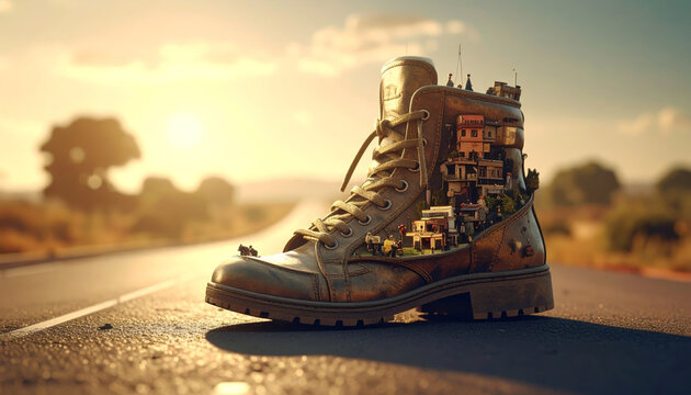 A Giant Walking Boot Carrying a Miniature Bustling City on its Sole Under the Golden Sunlight