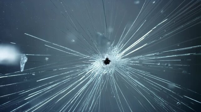 Slow motion close-up shot of glass cracking and shattering with fragments flying on blue gray background
