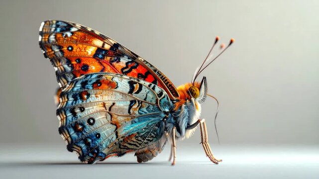 Stunning macro photograph of a vibrant butterfly with intricate wing patterns on a neutral studio background