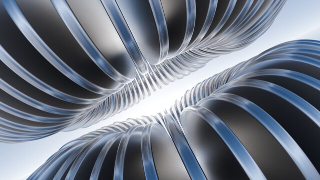 Abstract 3D rendering of futuristic chrome metallic modular curved structures facing each other. Minimalist industrial sci-fi pipeline perspective background for tech design