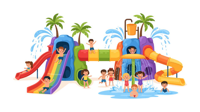 Water Park Fun: Children gleefully enjoy a vibrant water park, sliding down colorful chutes and splashing in the cool water under palm trees, embodying summer joy and carefree recreation.