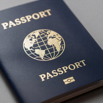 Mecha Globe Golden. A Blue And Brown Passport Features A Golden Globe And White Inscription On Gray Shadows