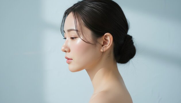 Elegant Asian woman with clean skin and hair bun, profile portrait of beautiful young female, skincare and wellness concept on light blue background