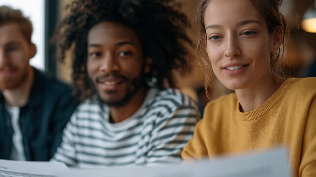 Multicultural group of young entrepreneurs seated in a coworking space comparing profit-and-loss printouts for their respective startups, small business accounting peer review, shared workspace, sum