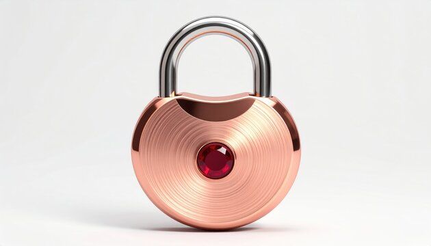 Circular rose gold padlock with red gem accent and silver shackle