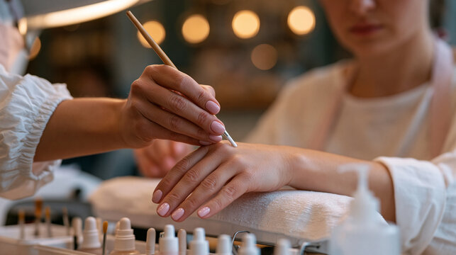 Licensed nail technician at a busy urban salon carefully brushes gel top coat onto a client's extended hand under a curing lamp, small brushes and acetone bottles organized across the workstation, t