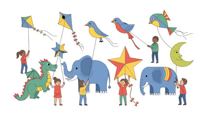 Fototapeta premium Childhood Joy and Imagination: A vibrant collection of children engaged in outdoor play, flying kites shaped like a dragon, fish, and star, alongside toy elephants and birds.