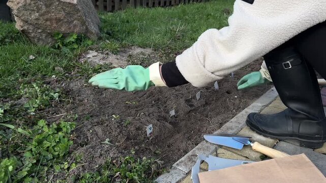 a young woman wearing rubber boots warm sweatshirt and black pants is working with soil with hands in gloves in the yard