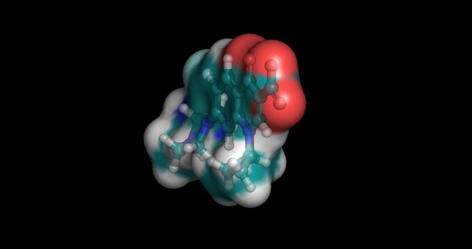 Ciprofloxacin, antibiotic drug/fluoroquinolone and DNA gyrase inhibitor for bacterial infections, 3D molecule spinning, 4K