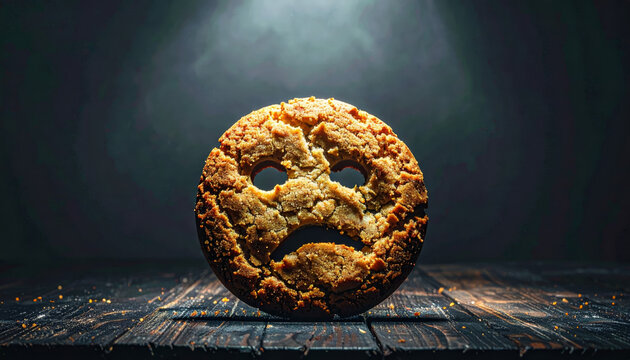 A Giant Sad Face Cookie With Bite Marks On A Wooden Surface Showcasing Emotive Food Art