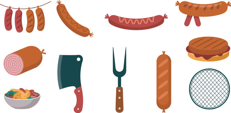 Grilled, sausage and BBQ meat vector icon set featuring hot dog, bratwurst, salami, burger patty, meat cleaver, grill fork, and barbecue grate ideal for deli menus, restaurant branding, 