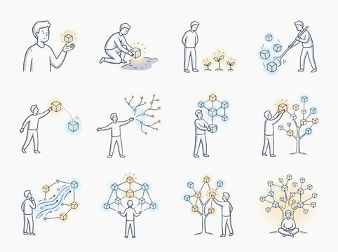 Thin line vector icons of human ideas and networking