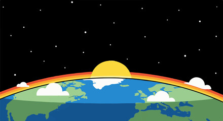Obraz premium A stylized Earth with a sunrise and rainbow arches over the globe