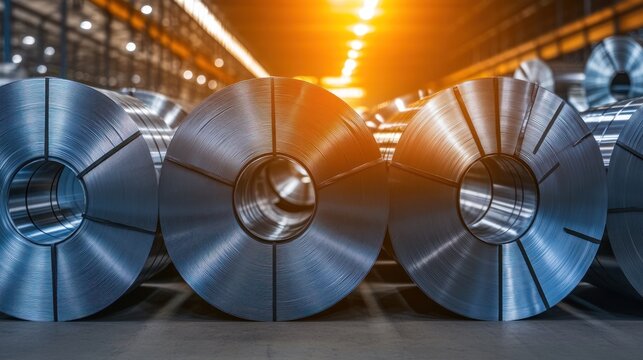 Metal coils in warehouse industrial background