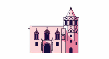 Fototapeta premium A stylized, pink Gothic building with a tall, pointed tower and ornate windows