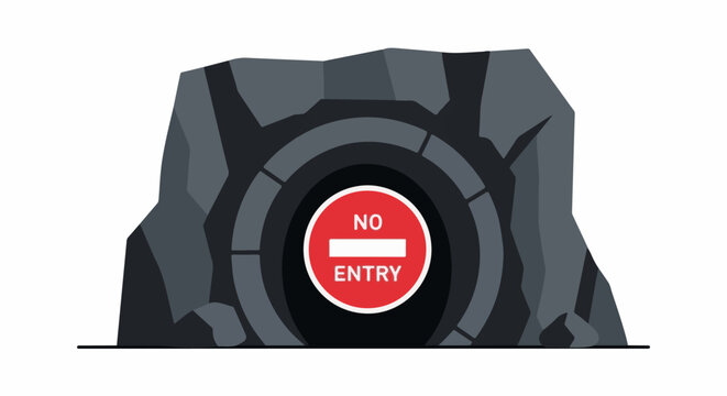 A stark, stylized rock cave entrance is blocked by a red and white "No Entry" sign