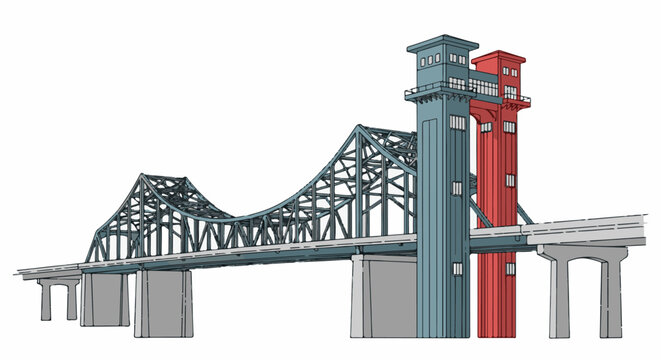 A steel truss bridge with two prominent towers, one blue and one red, spanning across a white background
